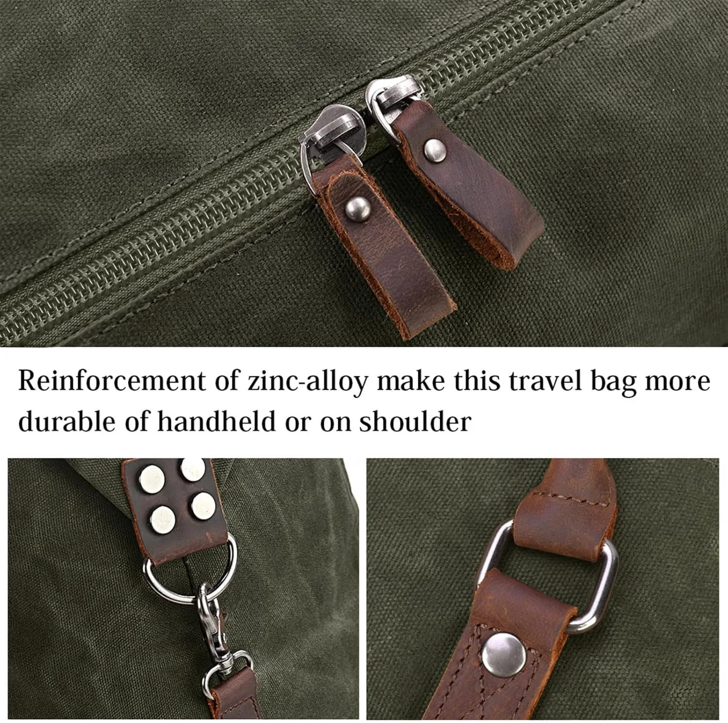 Oversized Travel Duffel Bag Waterproof Canvas Genuine Leather Weekend bag Weekender Overnight Carryon Hand Bag, Dark Green