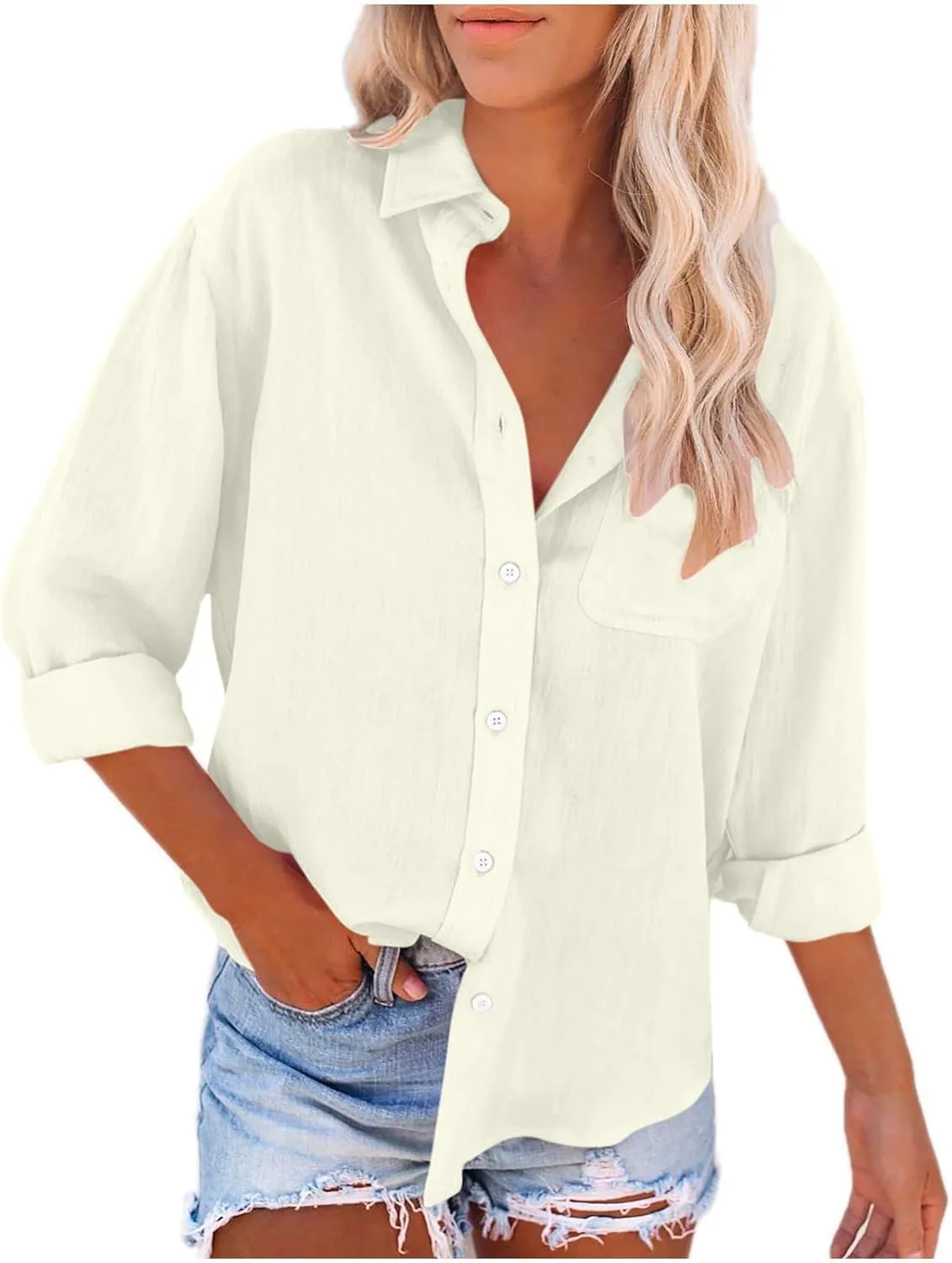 Oversized Tshirts for Women Long Sleeve V Neck Blouses Button Down Plain Shirts Girls Fashion Vacation Beach Tops