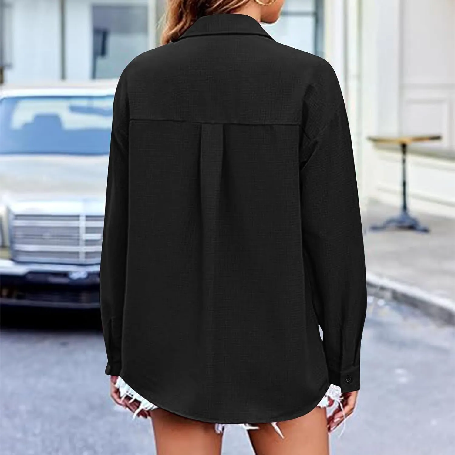 Oversized Tshirts for Women Long Sleeve V Neck Blouses Button Down Plain Shirts Girls Fashion Vacation Beach Tops