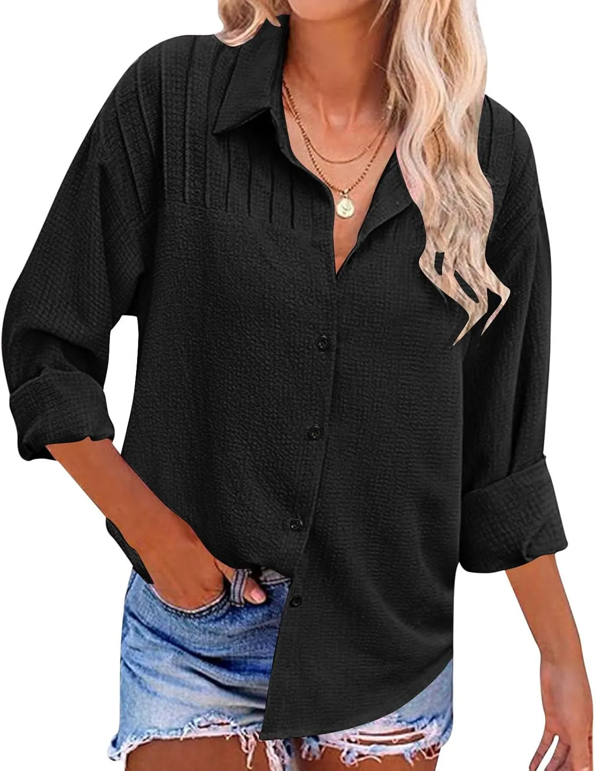 Oversized Tshirts for Women Long Sleeve V Neck Blouses Button Down Plain Shirts Girls Fashion Vacation Beach Tops