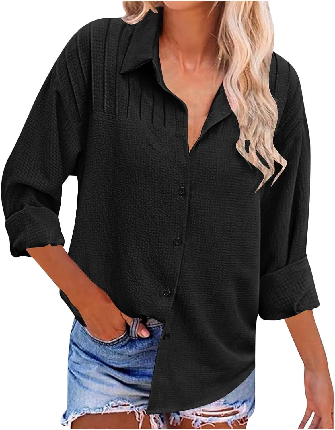 Oversized Tshirts for Women Long Sleeve V Neck Blouses Button Down Plain Shirts Girls Fashion Vacation Beach Tops