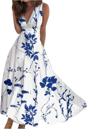 Palaver Summer Dresses for Women 2025 Elegant Wrap V Neck Sleeveless Maxi Dress Casual Print Flowy Beach Sundresses