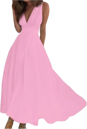 Palaver Summer Dresses for Women 2025 Elegant Wrap V Neck Sleeveless Maxi Dress Print Flowy Beach Vacation Sundresses