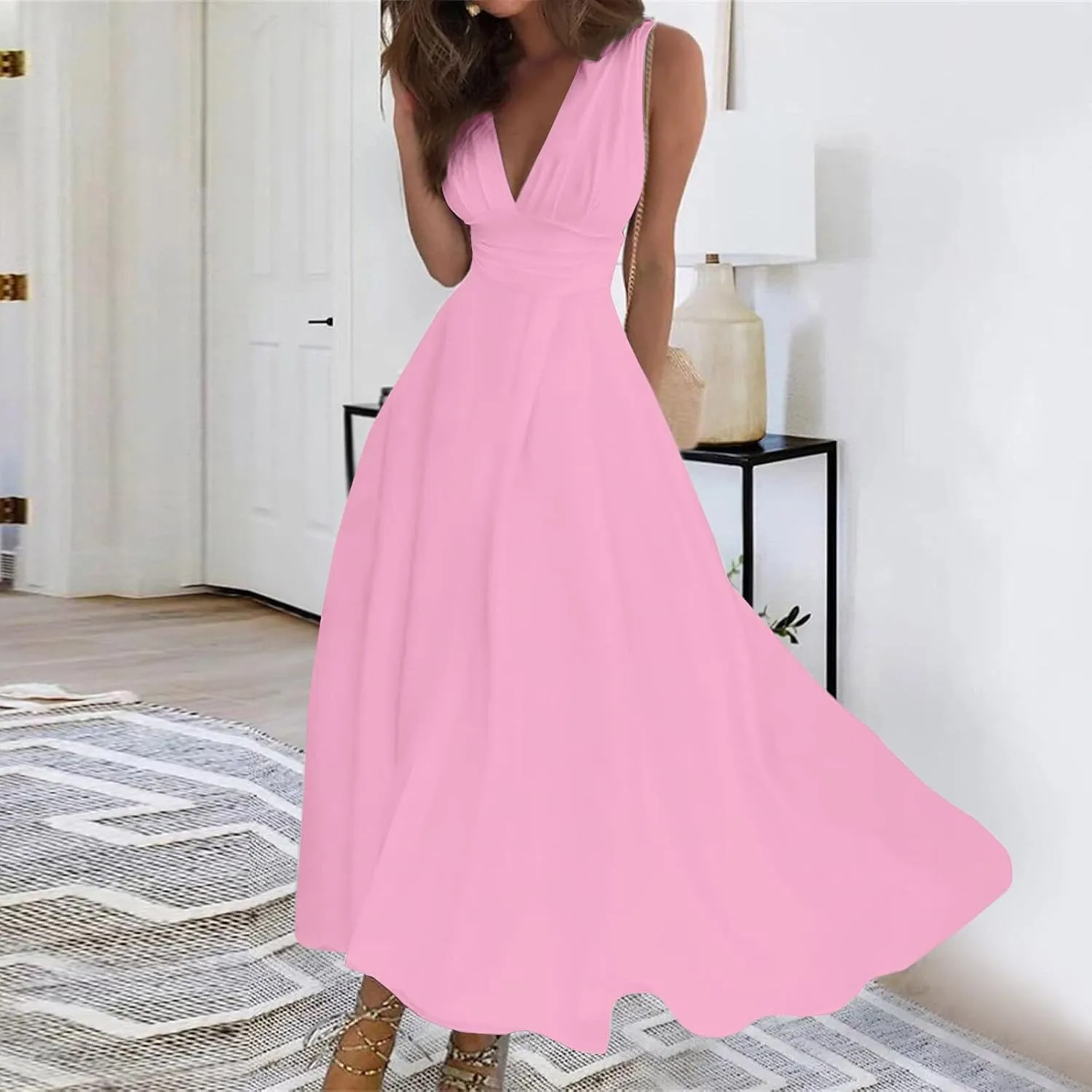 Palaver Summer Dresses for Women 2025 Elegant Wrap V Neck Sleeveless Maxi Dress Print Flowy Beach Vacation Sundresses