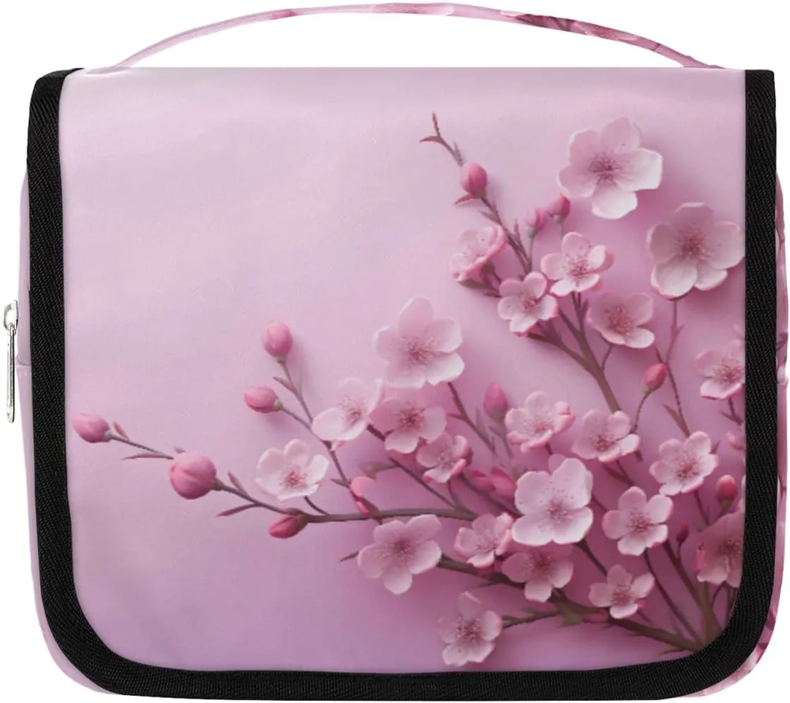 Peach Blossom Hanging Travel Toiletry Bag Kit Makeup Case Cosmetics Organizer Flowers Toiletry Bag for Women Make up Accessories Shampoo Body Cream Brushes Set