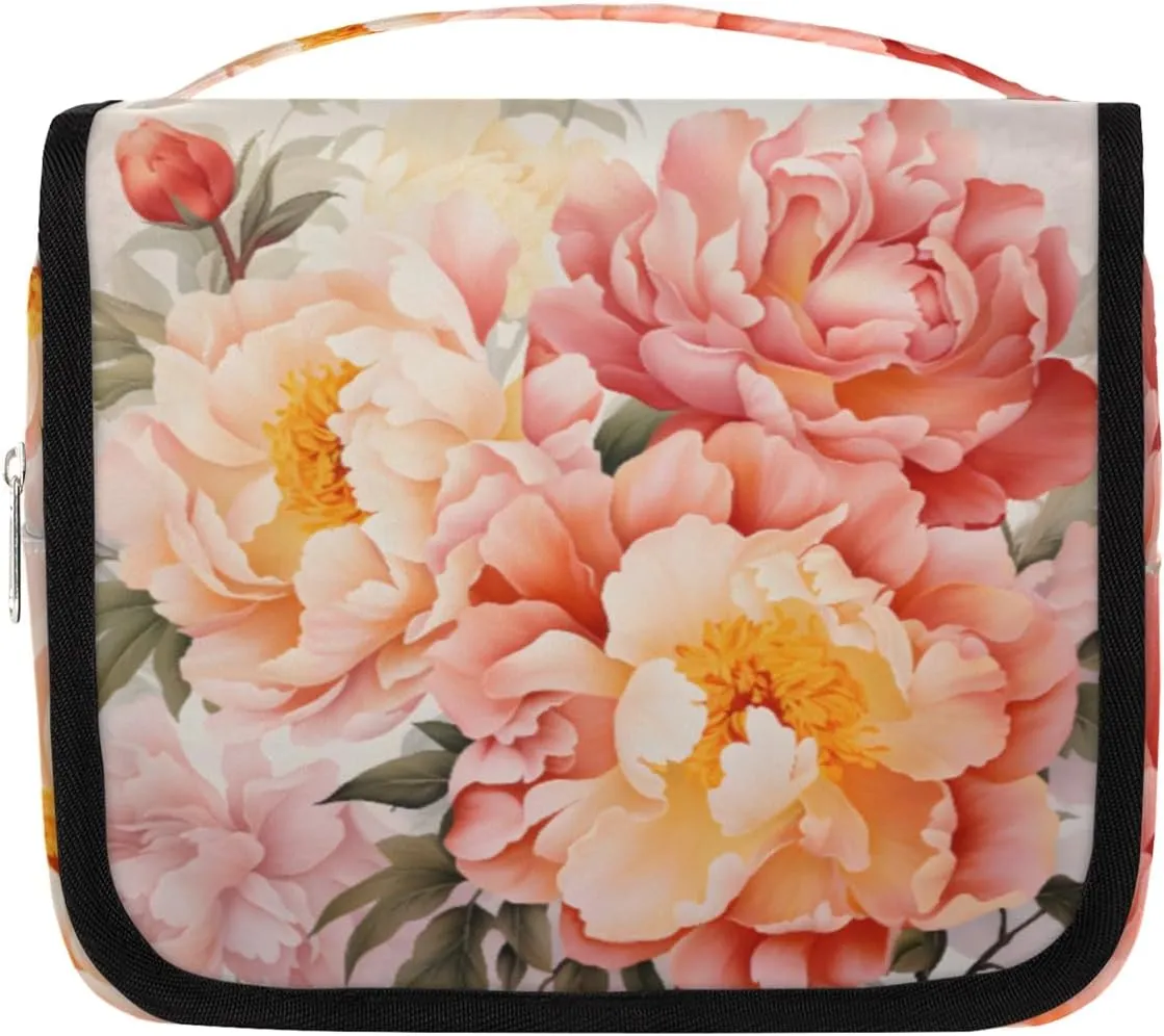 Peony Hanging Travel Toiletry Bag Kit Makeup Case Cosmetics Organizer Peony Flowers Toiletry Bag for Women Make up Accessories Shampoo Body Cream Brushes Set