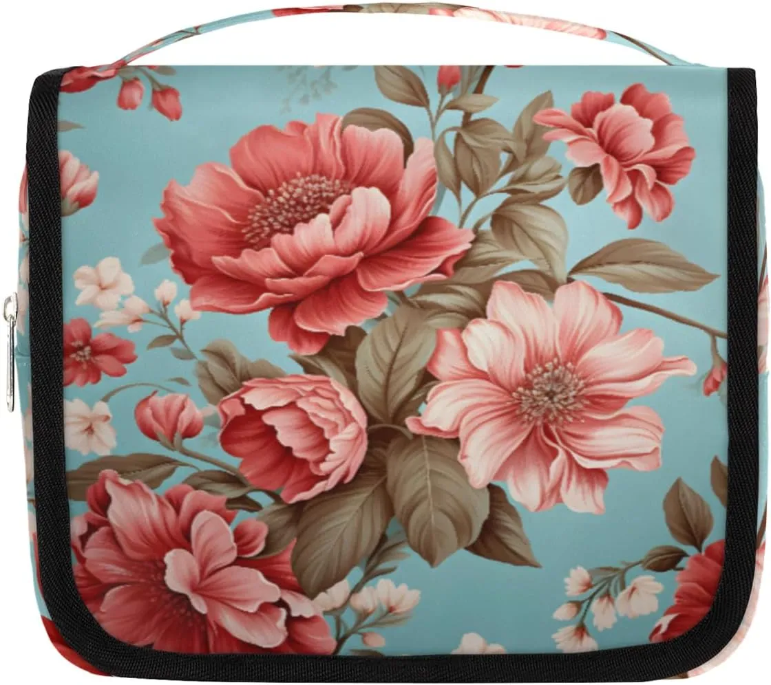 Peony Roses Hanging Travel Toiletry Bag Kit Makeup Case Cosmetics Organizer Floral Toiletry Bag for Women Make up Accessories Shampoo Body Cream Brushes Set