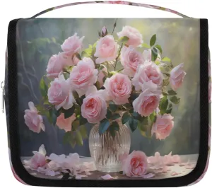 Pinks Roses Hanging Travel Toiletry Bag Kit Makeup Case Cosmetics Organizer Round Glass Vase Toiletry Bag for Women Make up Accessories Shampoo Body Cream Brushes Set