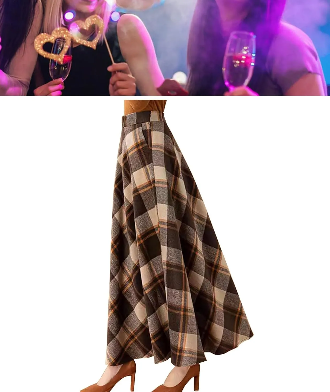 Plaid Wool Skirt for Women High Waist A-line Pleated Warm Tartan Long Skirt with Pockets