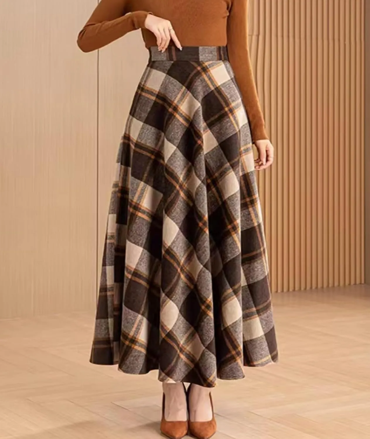Plaid Wool Skirt for Women High Waist A-line Pleated Warm Tartan Long Skirt with Pockets