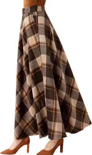 Plaid Wool Skirt for Women High Waist A-line Pleated Warm Tartan Long Skirt with Pockets