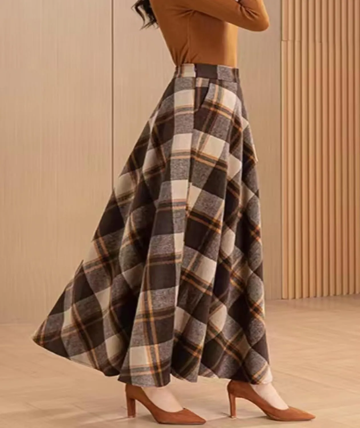 Plaid Wool Skirt for Women High Waist A-line Pleated Warm Tartan Long Skirt with Pockets