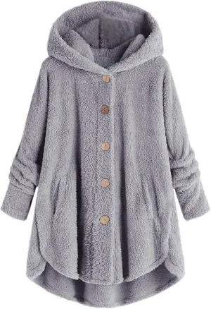 Plus Size Cardigan for Women Loose Button Down Hooded Sweater Long Sleeve Solid Fuzzy Jacket Coat 2024 Fall Winter