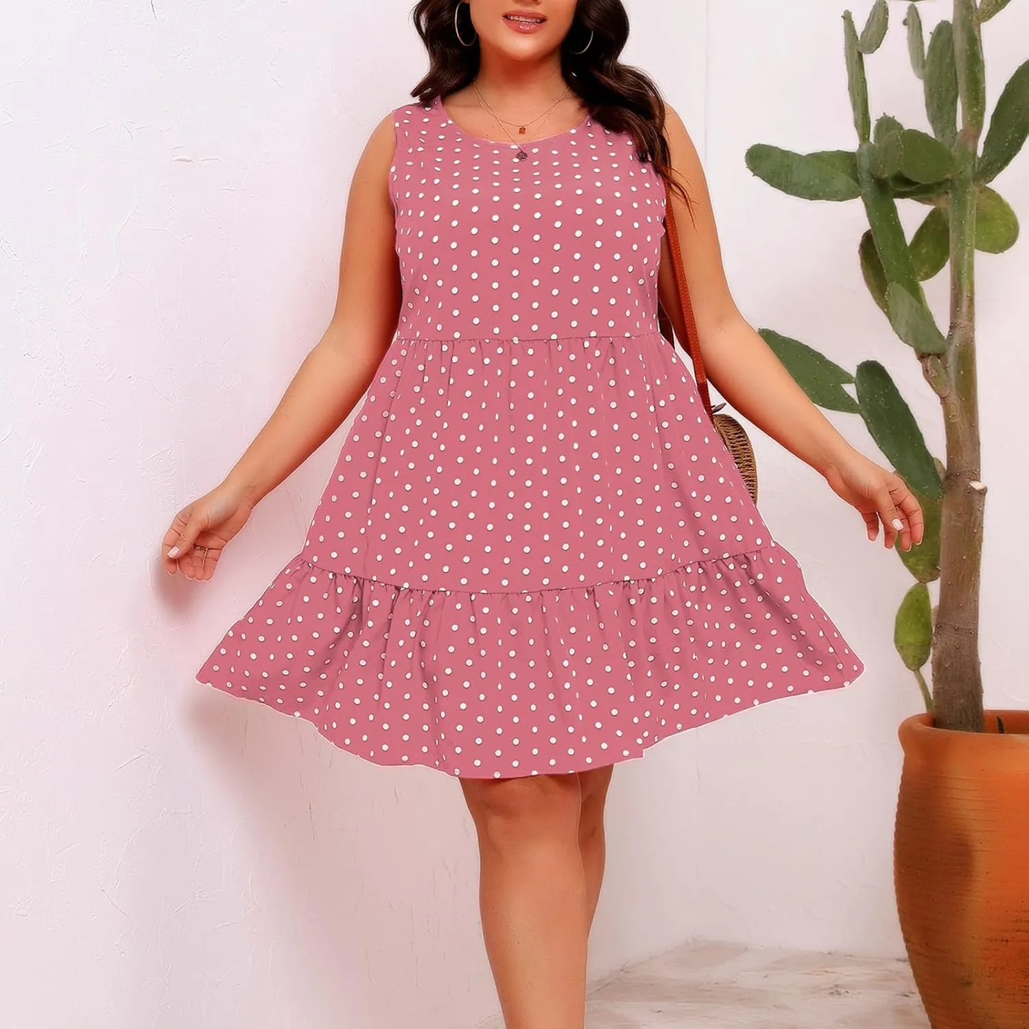 Plus Size Summer Dresses Beach Crew Neck Sleeveless Polka Dot Tank Dresses for Women Loose Length Knee Sundress