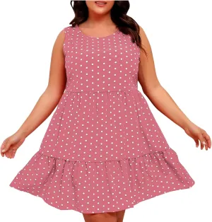Plus Size Summer Dresses Beach Crew Neck Sleeveless Polka Dot Tank Dresses for Women Loose Length Knee Sundress
