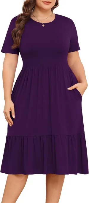 POSESHE Women's Plus Size Dresses Short Sleeve Summer Casual Cute Loose Pleated Tiered Swing T-Shirt Dresses with Pockets