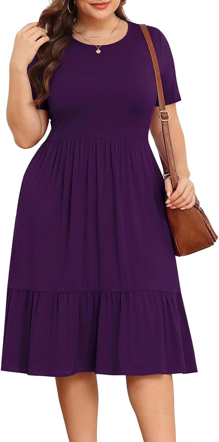 POSESHE Women's Plus Size Dresses Short Sleeve Summer Casual Cute Loose Pleated Tiered Swing T-Shirt Dresses with Pockets