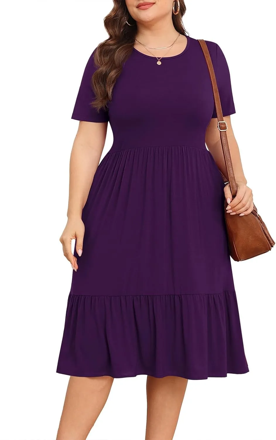 POSESHE Women's Plus Size Dresses Short Sleeve Summer Casual Cute Loose Pleated Tiered Swing T-Shirt Dresses with Pockets