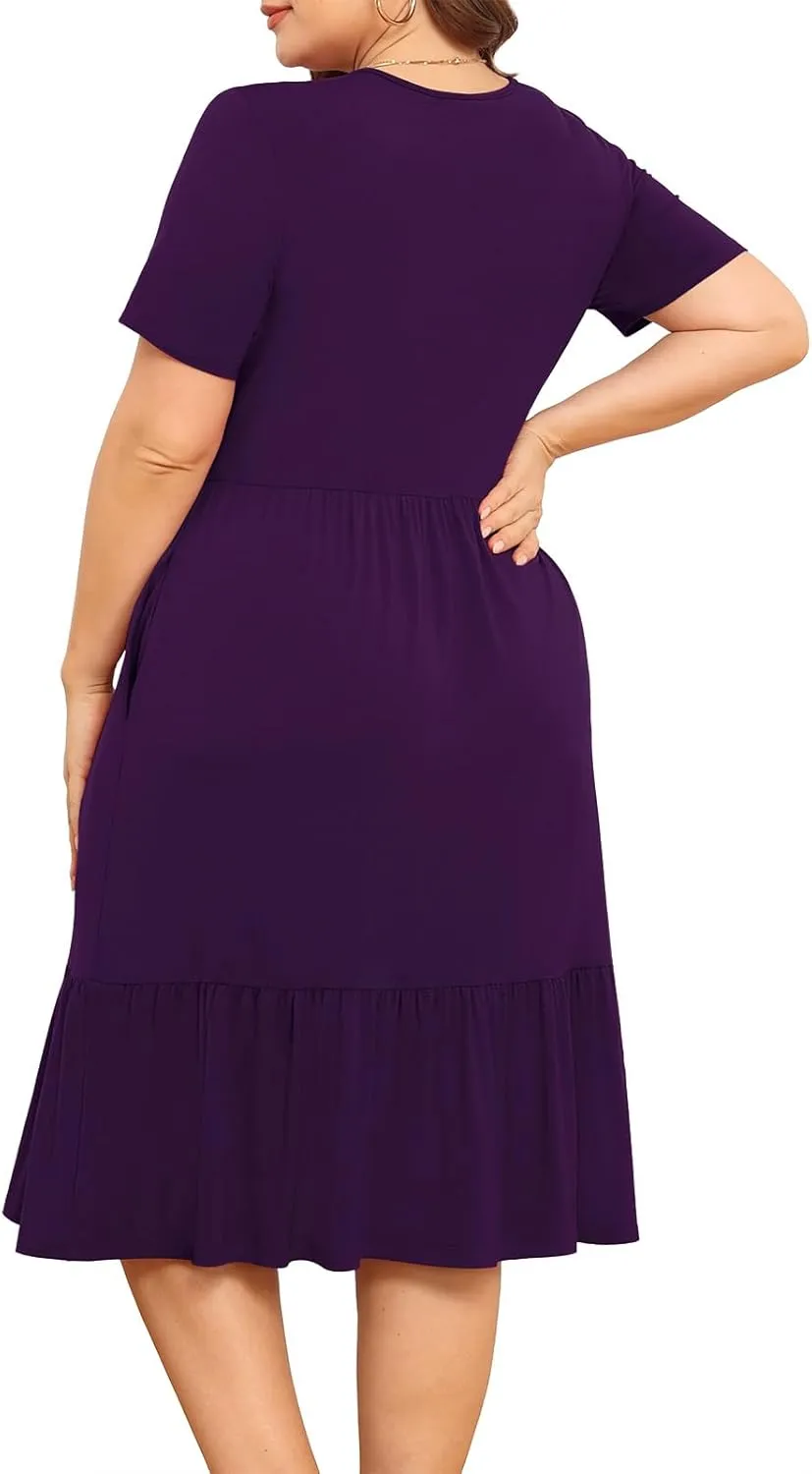POSESHE Women's Plus Size Dresses Short Sleeve Summer Casual Cute Loose Pleated Tiered Swing T-Shirt Dresses with Pockets