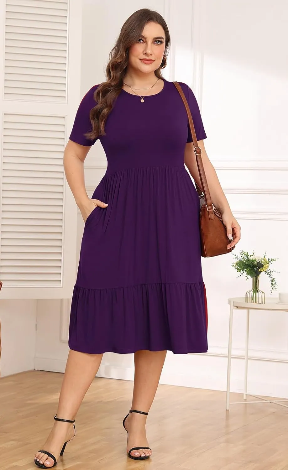 POSESHE Women's Plus Size Dresses Short Sleeve Summer Casual Cute Loose Pleated Tiered Swing T-Shirt Dresses with Pockets