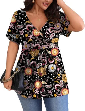 POSESHE Womens Plus Size Tops 2025 Summer Short Sleeves Tunic Tops Casual V-Neck Wrap Shirts Cute Dressy Work Blouses L-4XL