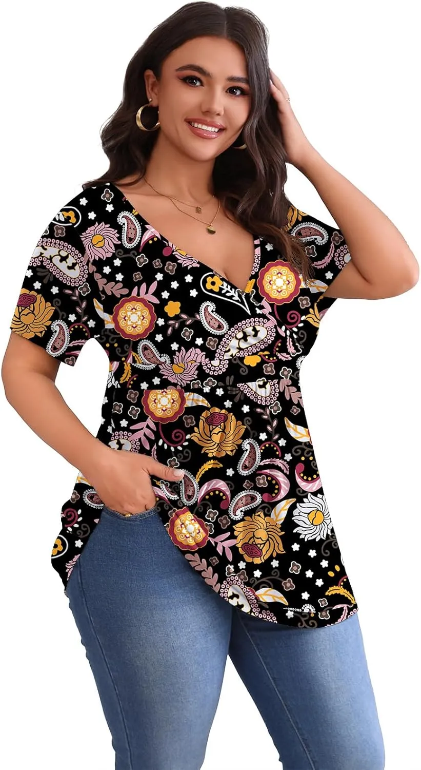 POSESHE Womens Plus Size Tops 2025 Summer Short Sleeves Tunic Tops Casual V-Neck Wrap Shirts Cute Dressy Work Blouses L-4XL