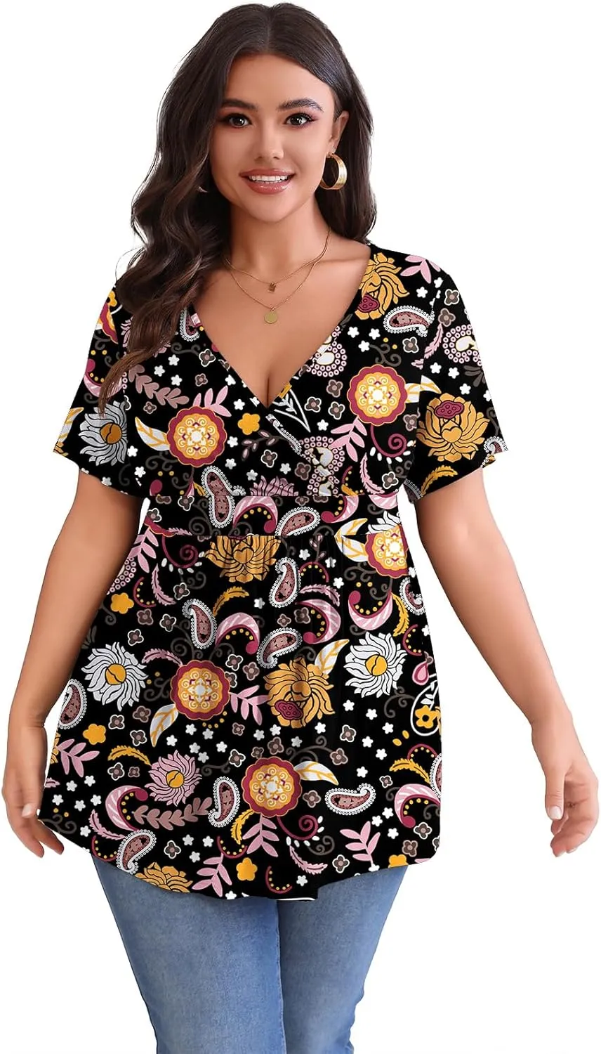 POSESHE Womens Plus Size Tops 2025 Summer Short Sleeves Tunic Tops Casual V-Neck Wrap Shirts Cute Dressy Work Blouses L-4XL