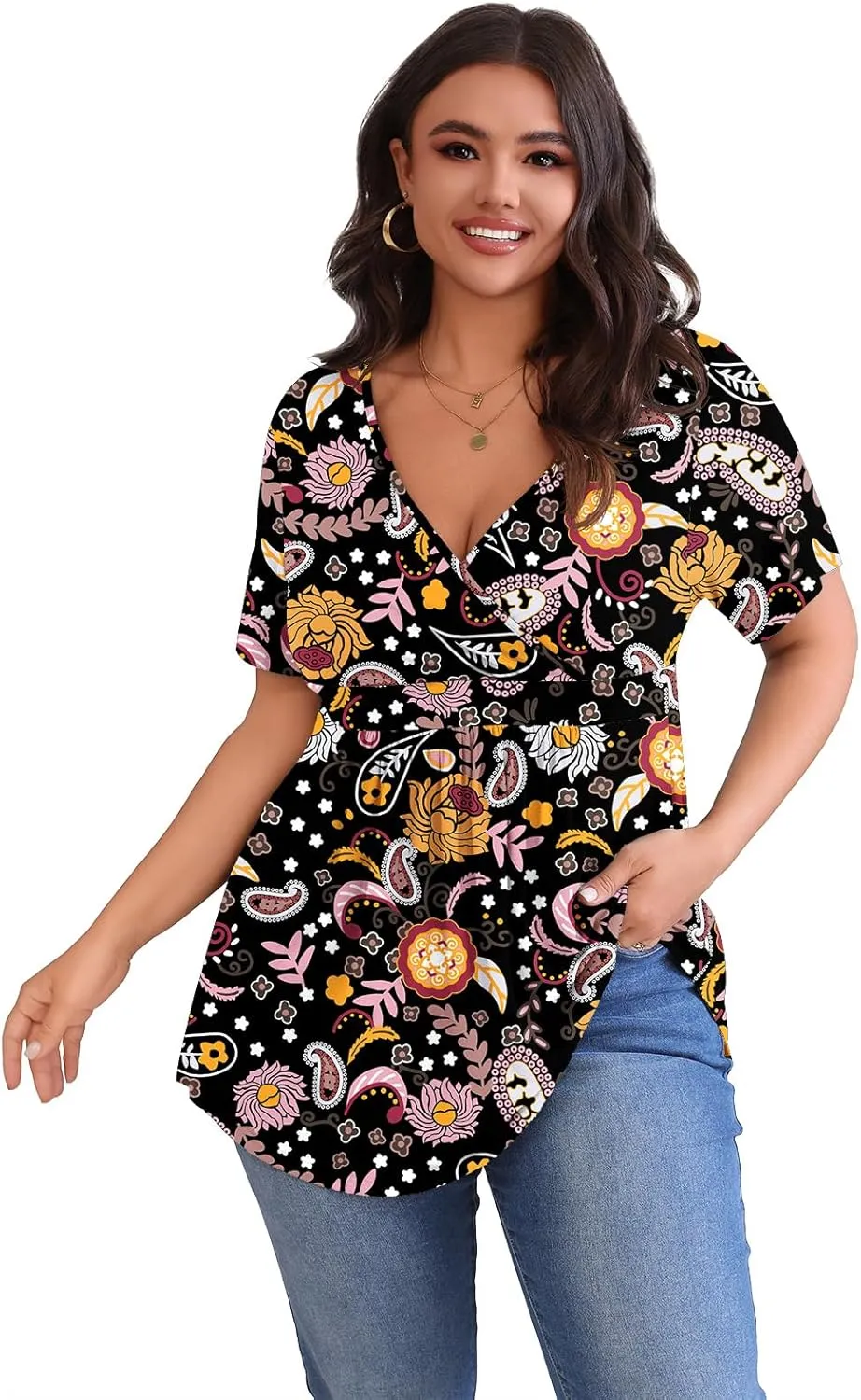 POSESHE Womens Plus Size Tops 2025 Summer Short Sleeves Tunic Tops Casual V-Neck Wrap Shirts Cute Dressy Work Blouses L-4XL