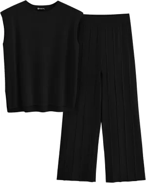 PRETTYGARDEN Women's 2 Piece Outfits Knit Loungewear High Low Pullover Tops and Wide Leg Pants Casual Sweater Sets Tracksuits