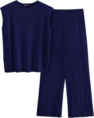 PRETTYGARDEN Women's 2 Piece Outfits Knit Loungewear High Low Pullover Tops and Wide Leg Pants Casual Sweater Sets Tracksuits