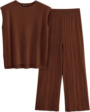 PRETTYGARDEN Women's 2 Piece Outfits Knit Loungewear High Low Pullover Tops and Wide Leg Pants Casual Sweater Sets Tracksuits