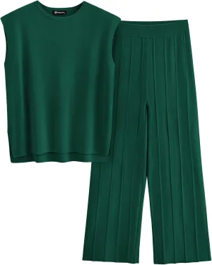 PRETTYGARDEN Women's 2 Piece Outfits Knit Loungewear High Low Pullover Tops and Wide Leg Pants Casual Sweater Sets Tracksuits