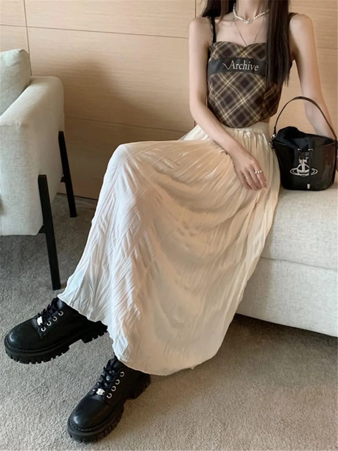 Pulcykp Folds Long Skirt Women Spring Summer Casual Solid High Waist Pleated Midi Skirt