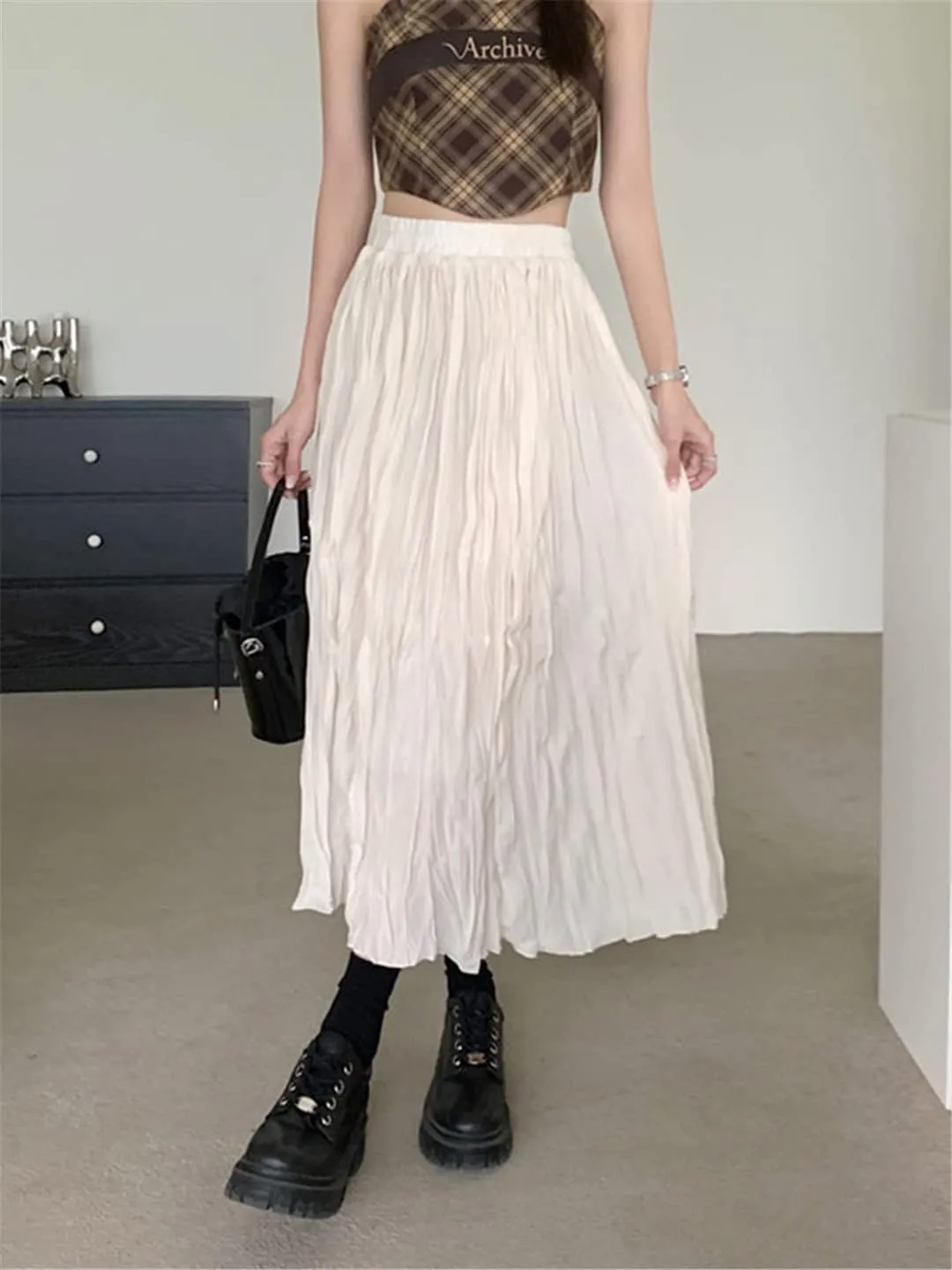 Pulcykp Folds Long Skirt Women Spring Summer Casual Solid High Waist Pleated Midi Skirt