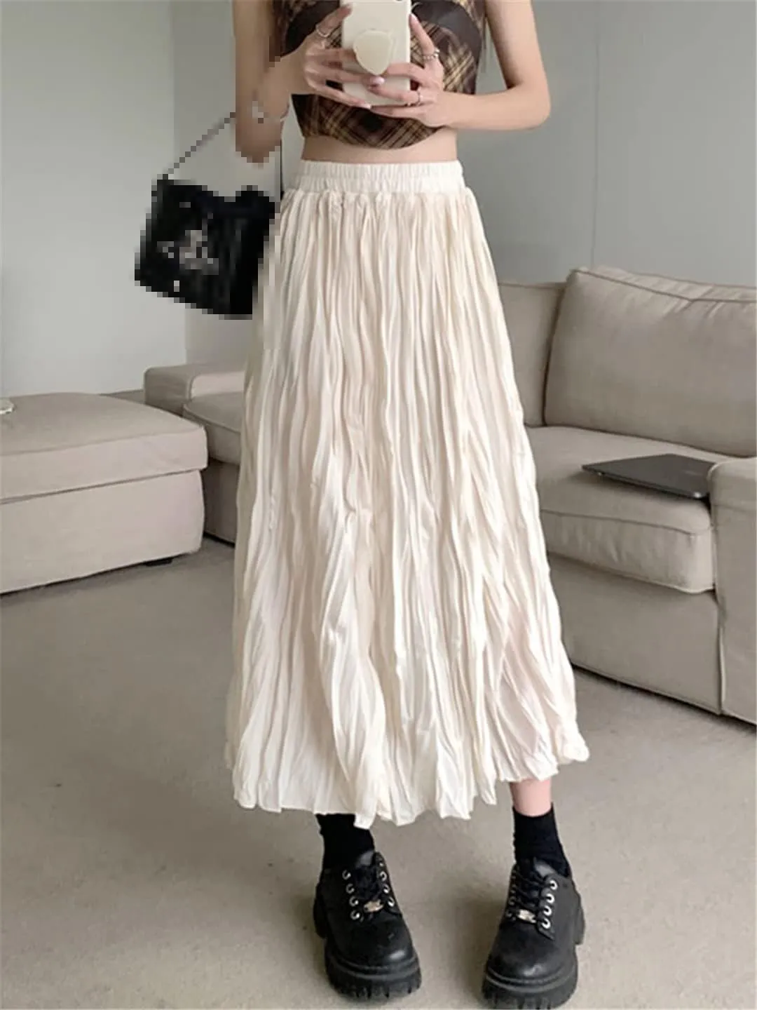 Pulcykp Folds Long Skirt Women Spring Summer Casual Solid High Waist Pleated Midi Skirt