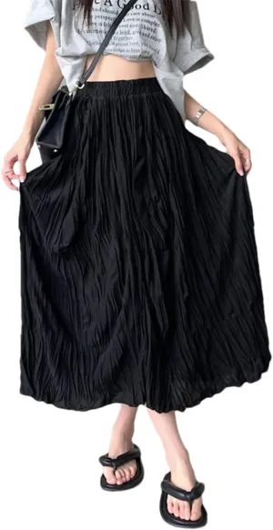 Pulcykp Folds Long Skirt Women Spring Summer Casual Solid High Waist Pleated Midi Skirt