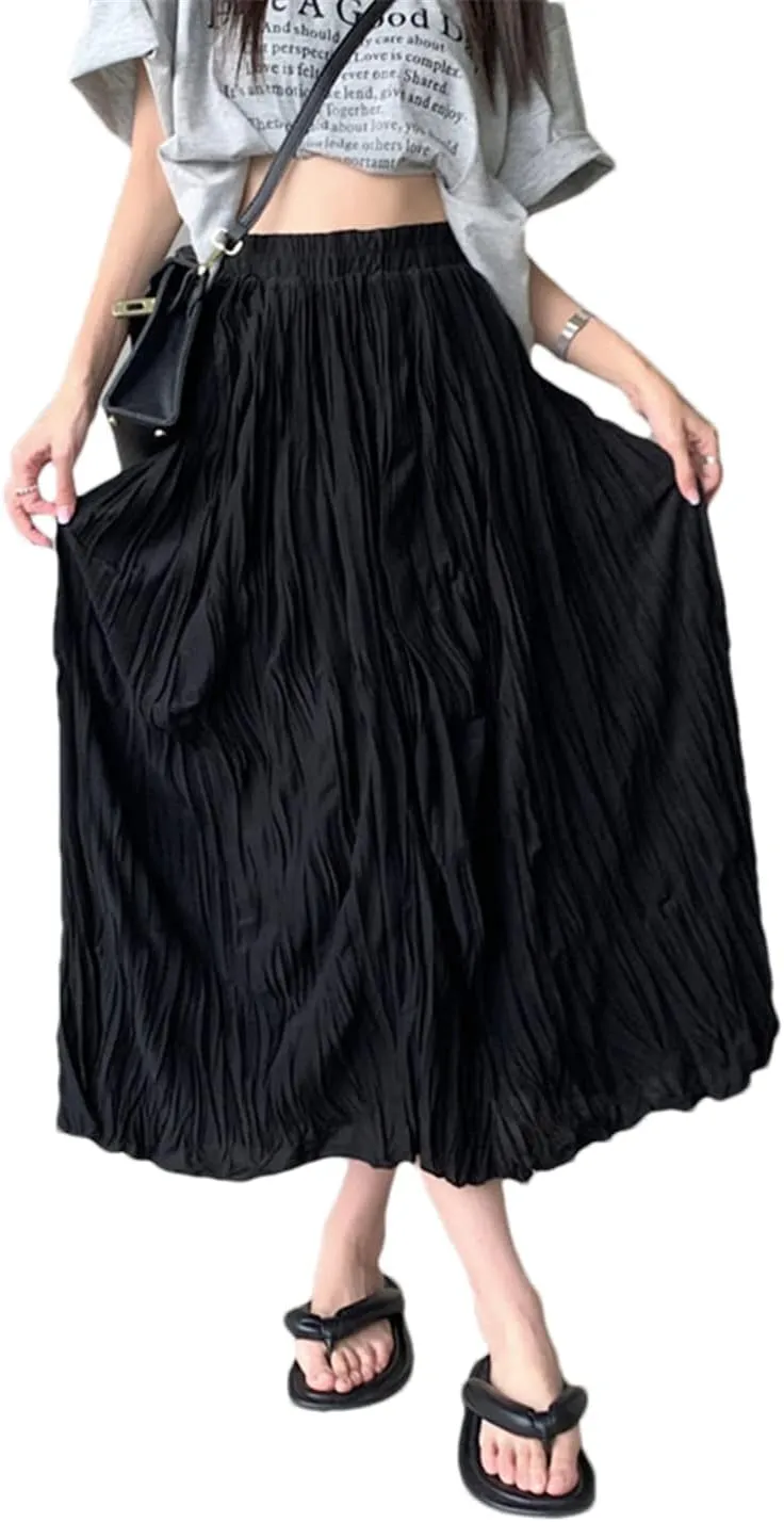 Pulcykp Folds Long Skirt Women Spring Summer Casual Solid High Waist Pleated Midi Skirt