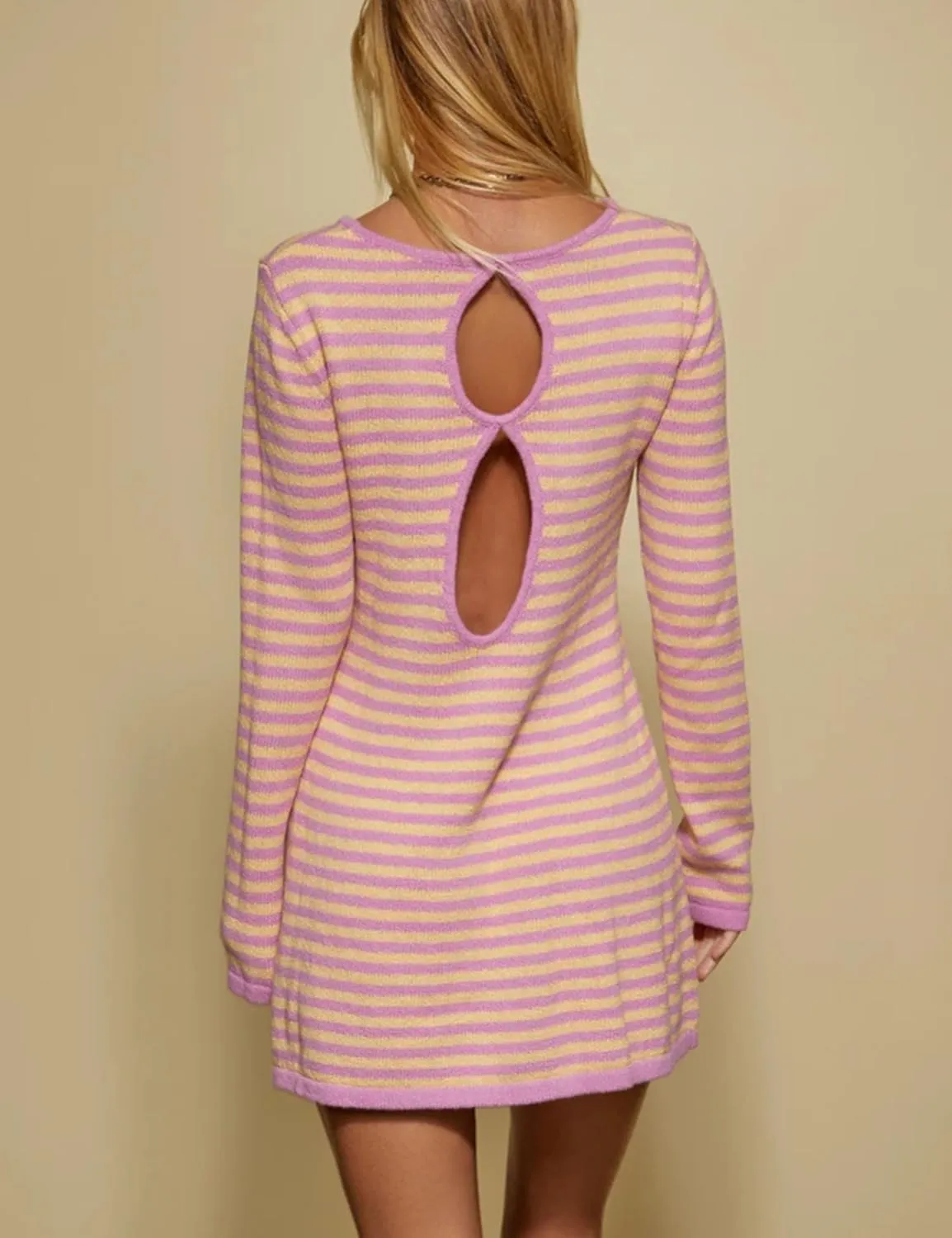 PUWEI Womens Knit Mini Dresses Spring Summer Striped Sweater Dresses Casual Long Sleeve Crewneck Backless Dress