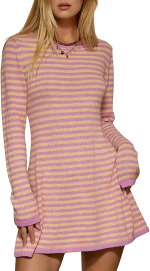PUWEI Womens Knit Mini Dresses Spring Summer Striped Sweater Dresses Casual Long Sleeve Crewneck Backless Dress