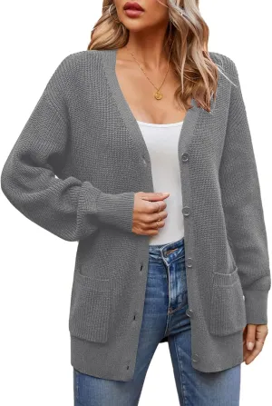 QUALFORT Women's 100% Cotton Cardigans for Women Lantern Sleeve Oversized Sweater with Pockets