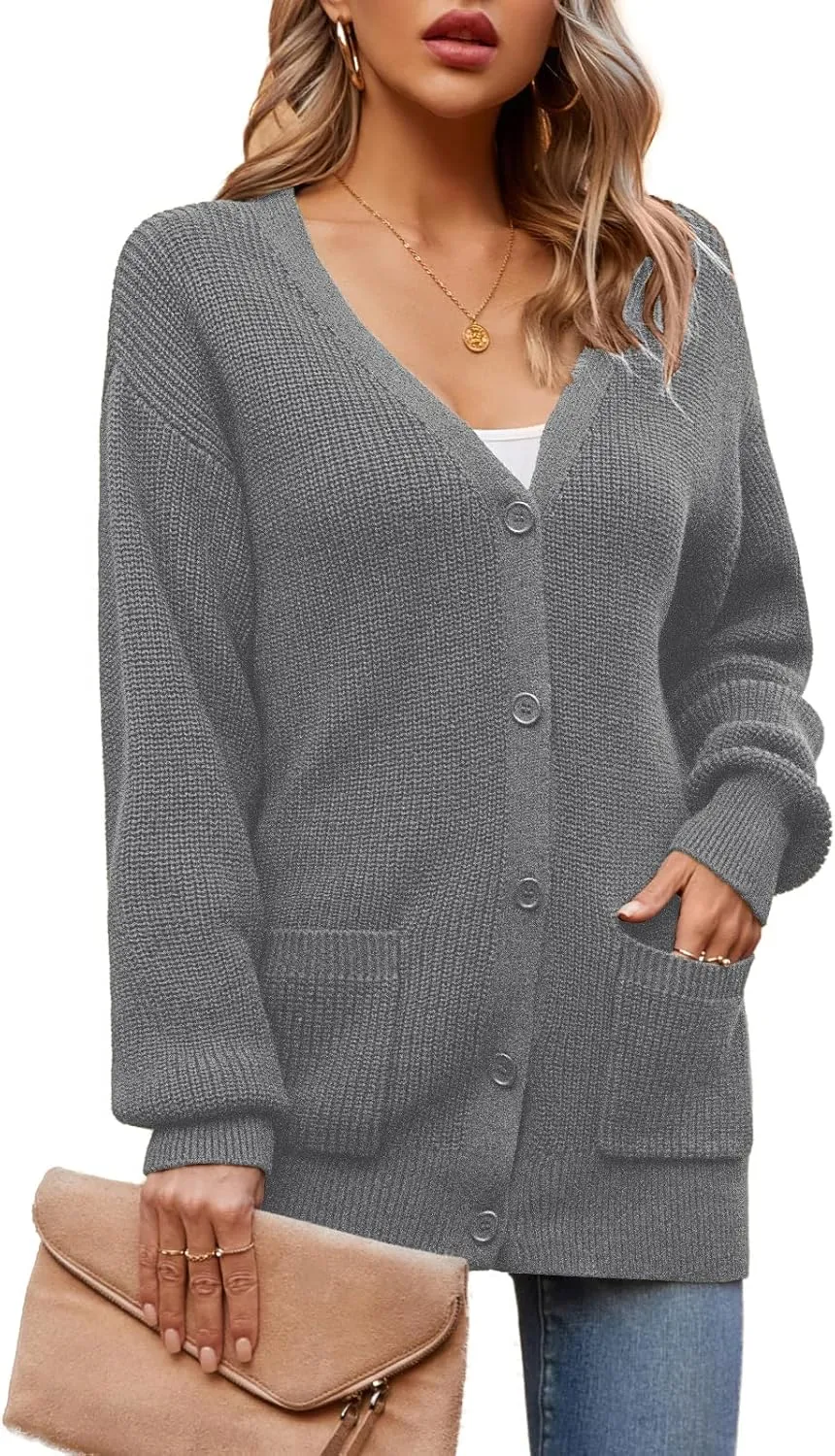 QUALFORT Women's 100% Cotton Cardigans for Women Lantern Sleeve Oversized Sweater with Pockets