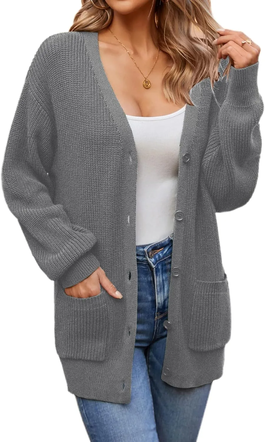 QUALFORT Women's 100% Cotton Cardigans for Women Lantern Sleeve Oversized Sweater with Pockets