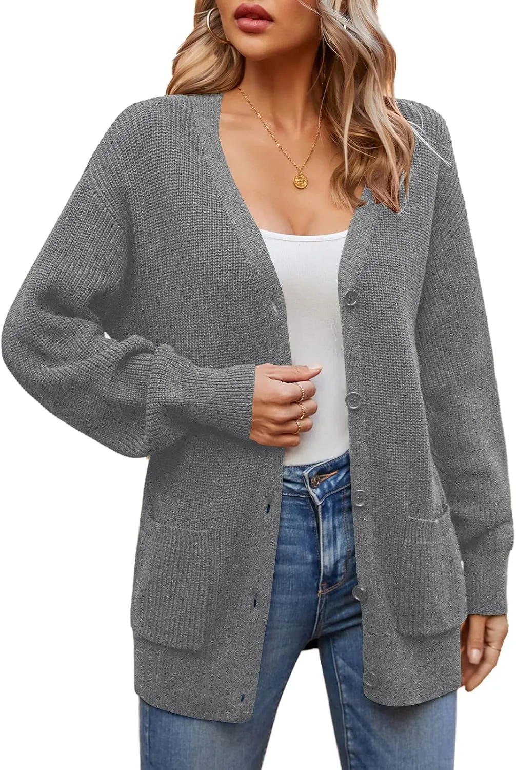 QUALFORT Women's 100% Cotton Cardigans for Women Lantern Sleeve Oversized Sweater with Pockets