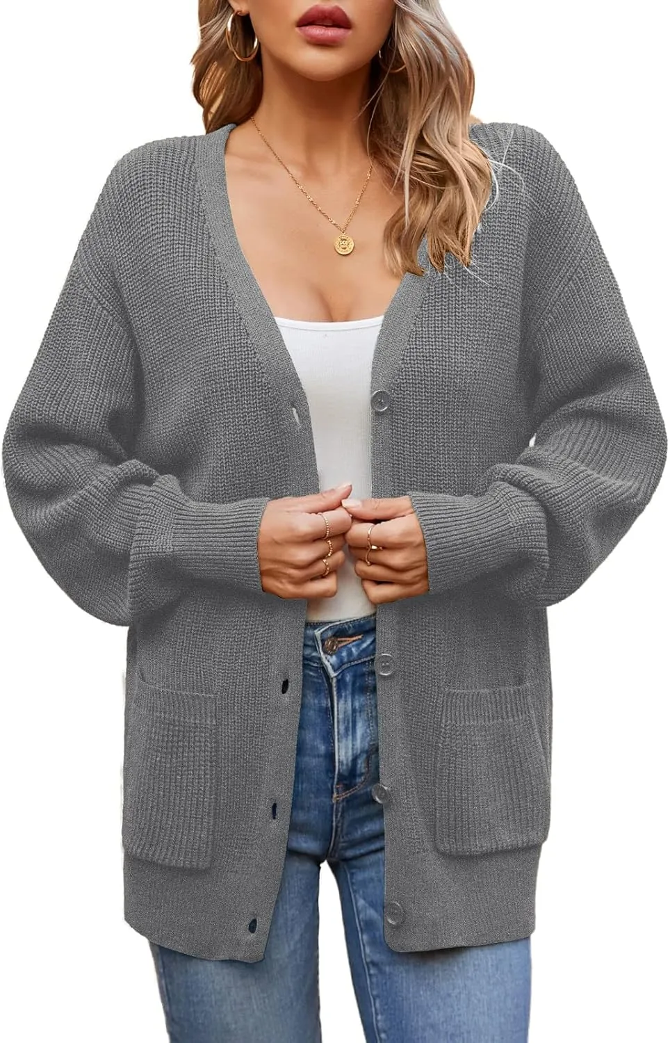 QUALFORT Women's 100% Cotton Cardigans for Women Lantern Sleeve Oversized Sweater with Pockets