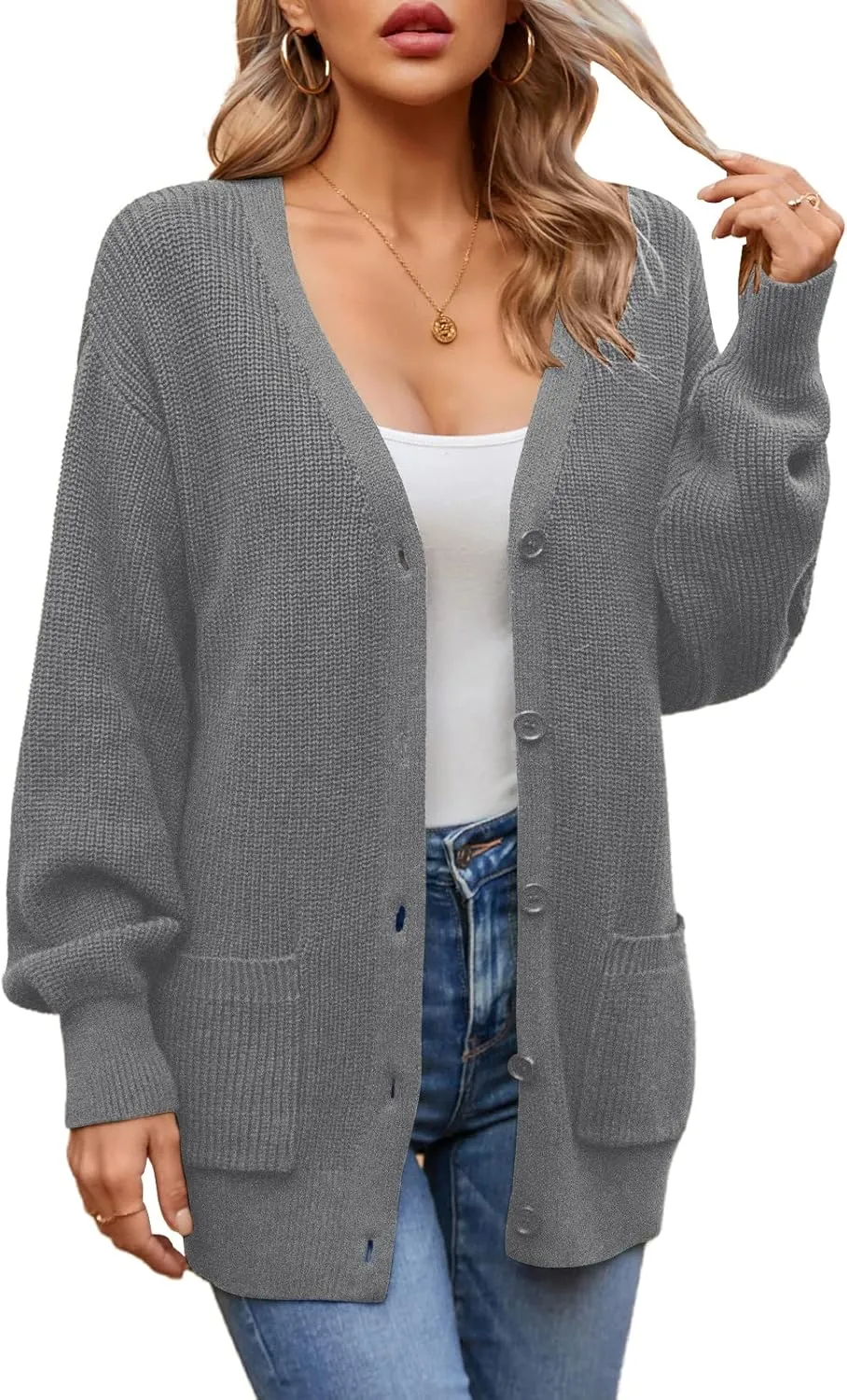 QUALFORT Women's 100% Cotton Cardigans for Women Lantern Sleeve Oversized Sweater with Pockets
