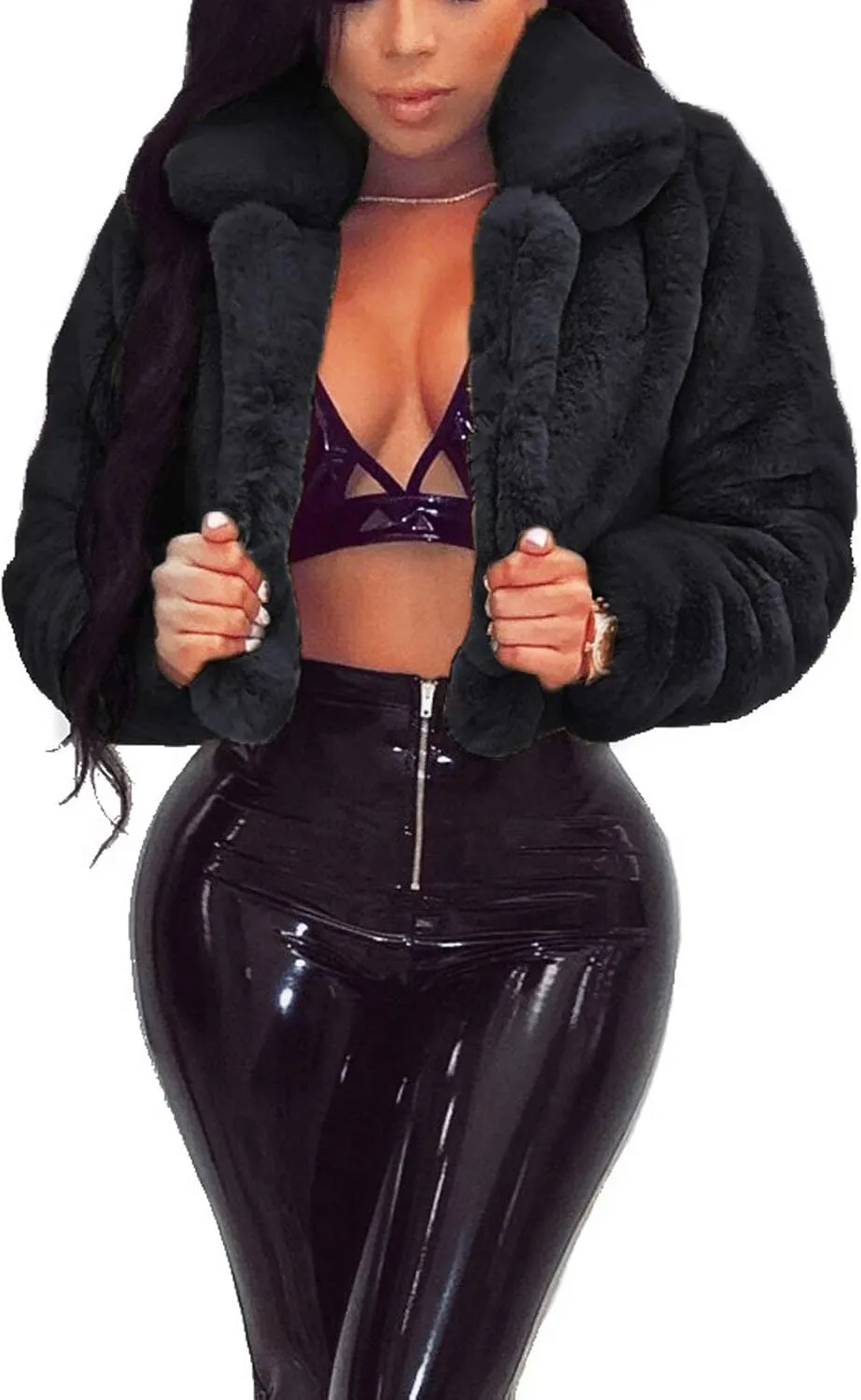 RAMOUG Womens Winter Outerwear Faux Fur Long Sleeve Crop Jacket Shaggy Coat Open Front Cardigans