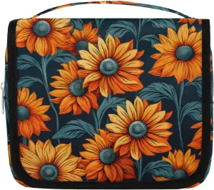 Retro Floral Hanging Travel Toiletry Bag Kit Makeup Case Cosmetics Organizer Yellow Flowers Toiletry Bag for Women Make up Accessories Shampoo Body Cream Brushes Set