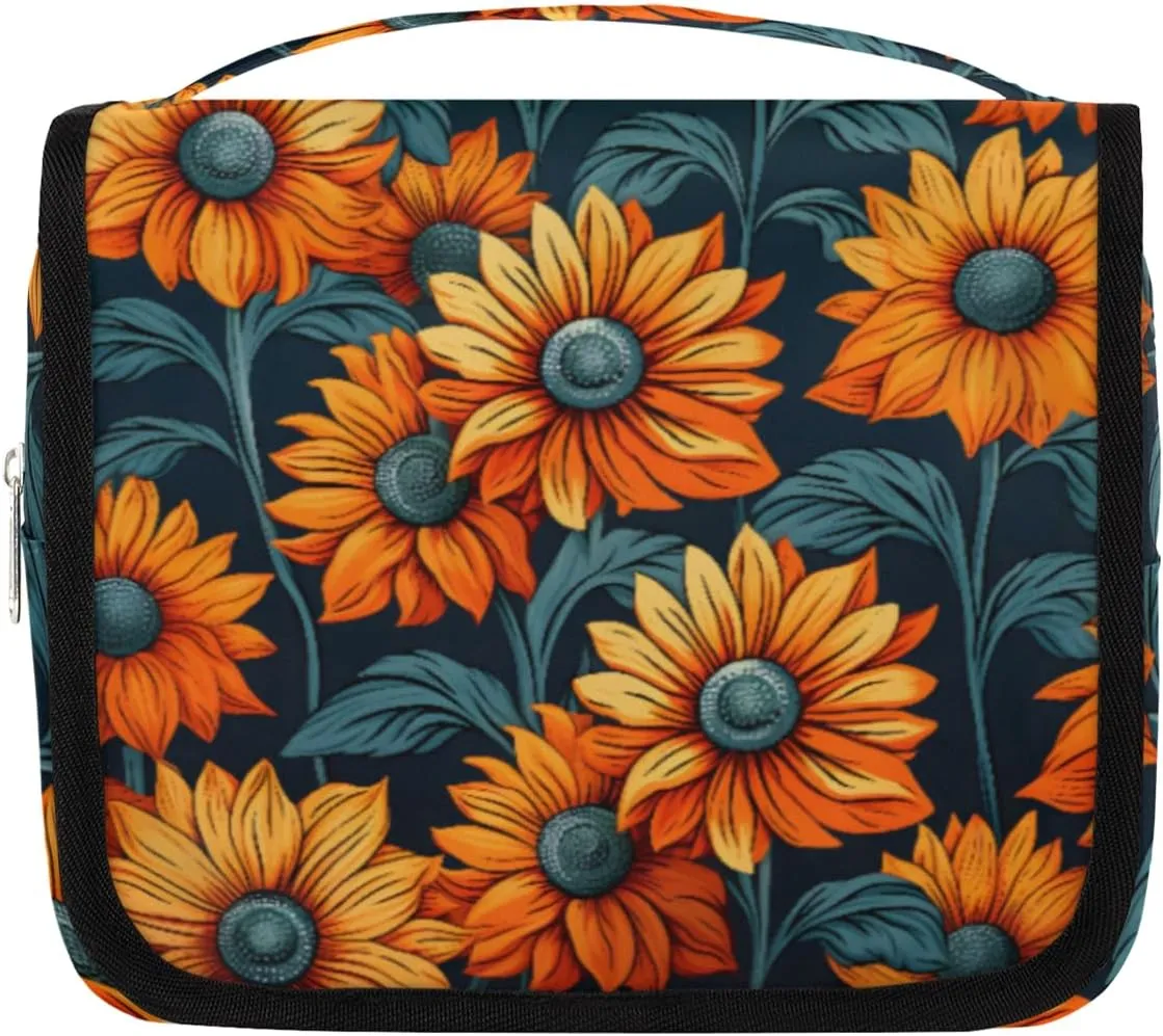 Retro Floral Hanging Travel Toiletry Bag Kit Makeup Case Cosmetics Organizer Yellow Flowers Toiletry Bag for Women Make up Accessories Shampoo Body Cream Brushes Set