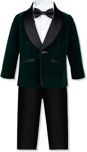 SANGTREE Boys Shawl Tuxedo Suit Velvet Set Gentleman Wedding Outfit, 3 Months - 14 Years