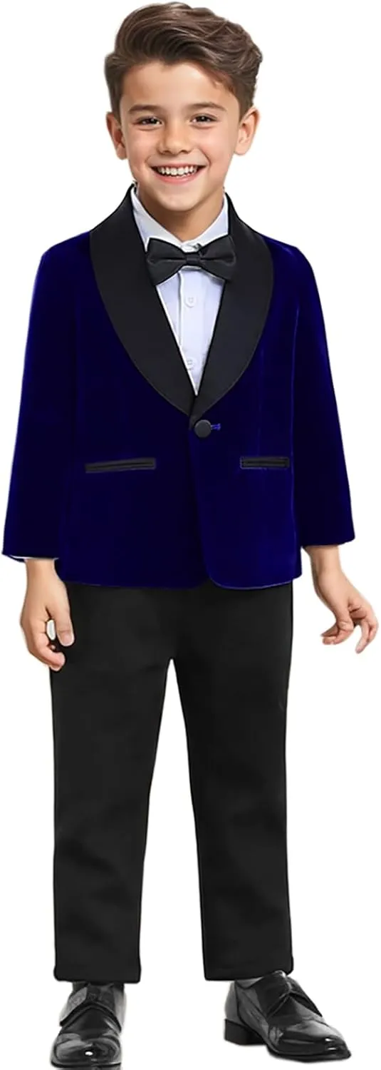 SANGTREE Boys Shawl Tuxedo Suit Velvet Set Gentleman Wedding Outfit, 3 Months - 14 Years